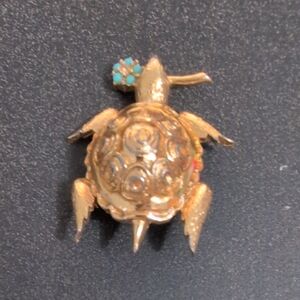Gold Turtle Brooch with Turquoise Accent